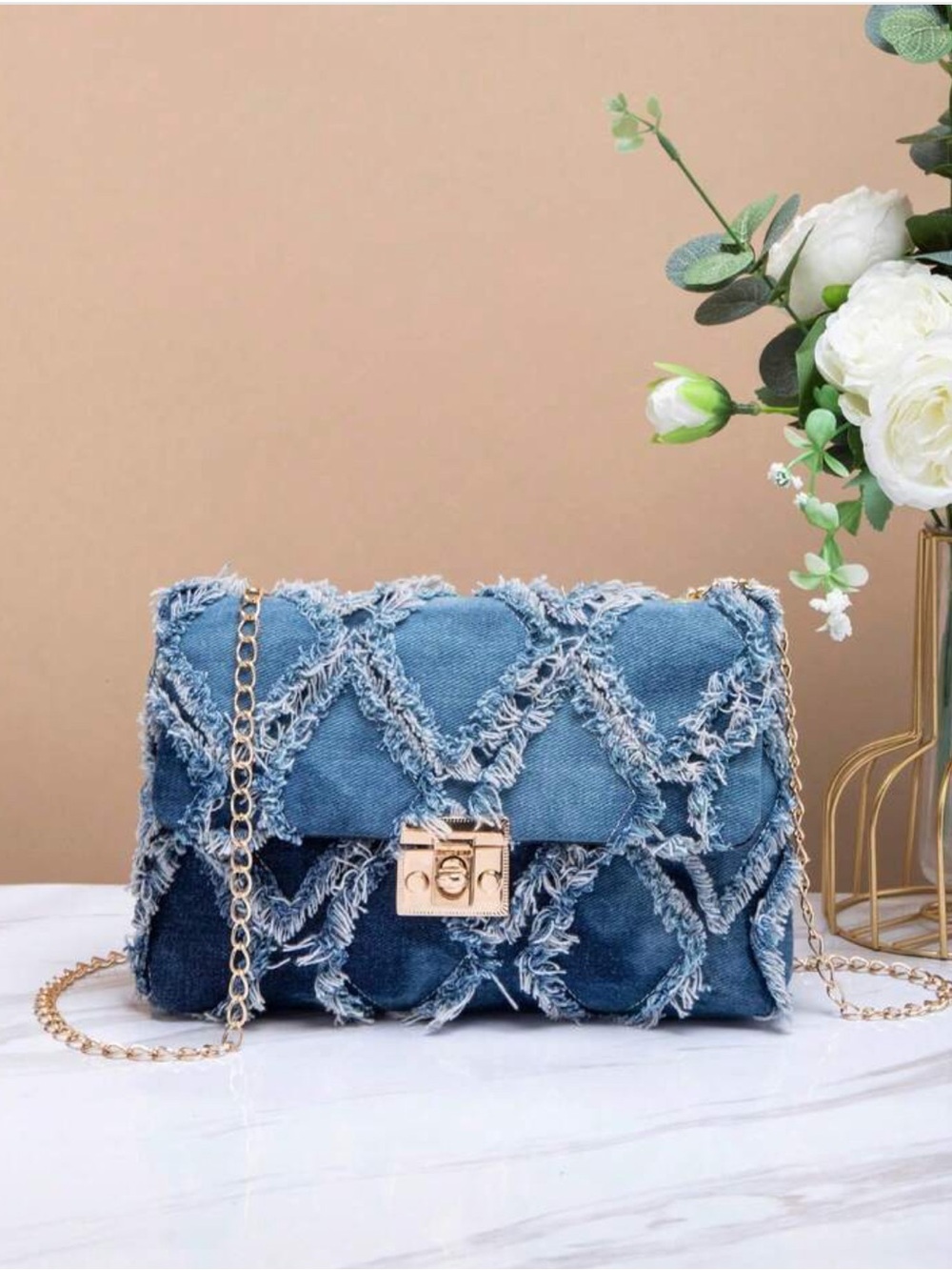 Denim Quilted Chain Crossbody Bag - Blue